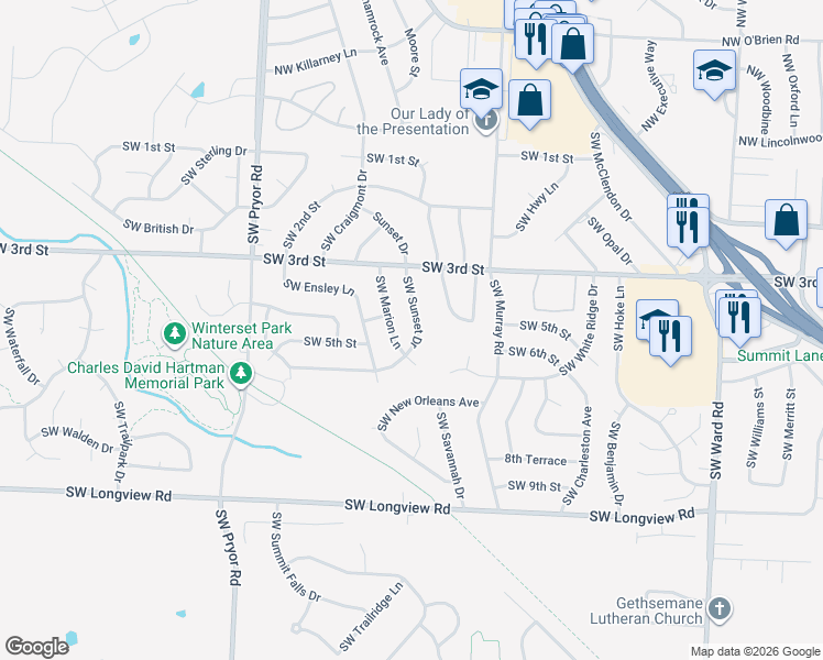 map of restaurants, bars, coffee shops, grocery stores, and more near 401 Southwest Sunset Drive in Lee's Summit