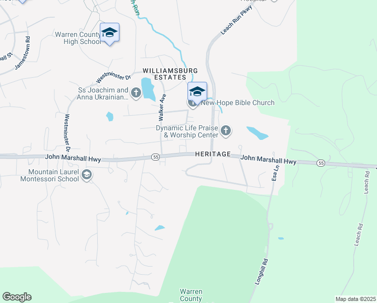 map of restaurants, bars, coffee shops, grocery stores, and more near 2 South Lake Avenue in Front Royal
