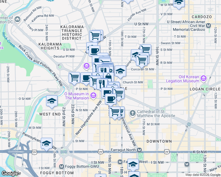 map of restaurants, bars, coffee shops, grocery stores, and more near in Washington