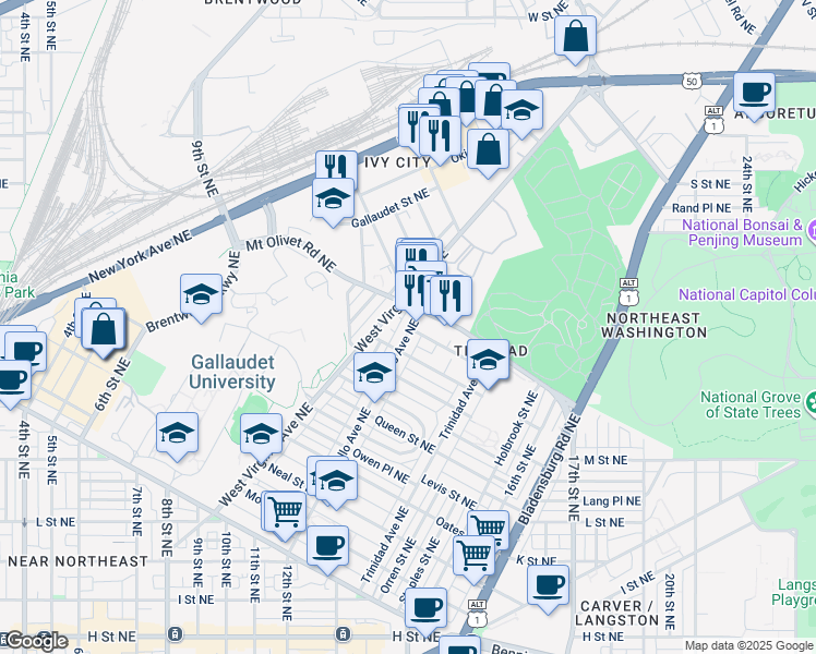 map of restaurants, bars, coffee shops, grocery stores, and more near 101 Independence Avenue Southeast in Washington