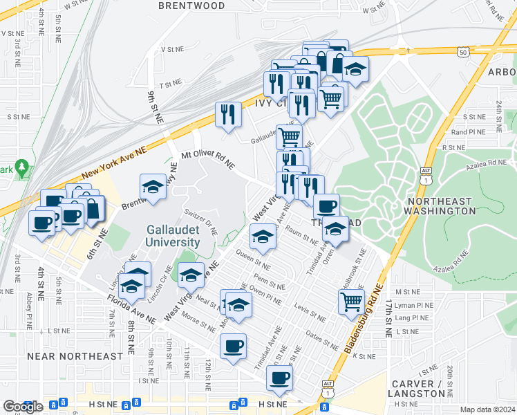 map of restaurants, bars, coffee shops, grocery stores, and more near 101 Independence Avenue Southeast in Washington