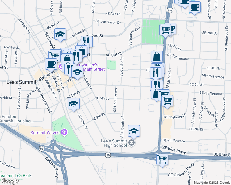 map of restaurants, bars, coffee shops, grocery stores, and more near 502 Southeast Florence Avenue in Lee's Summit