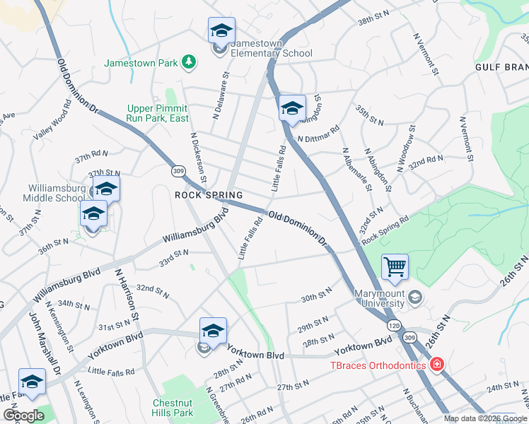 map of restaurants, bars, coffee shops, grocery stores, and more near Old Dominion Dr & N Little Falls Rd in Arlington