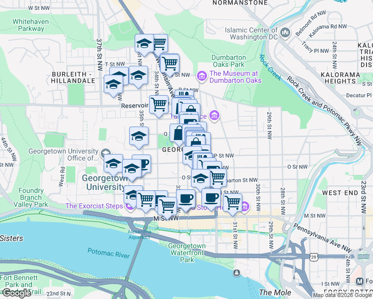 map of restaurants, bars, coffee shops, grocery stores, and more near in Washington