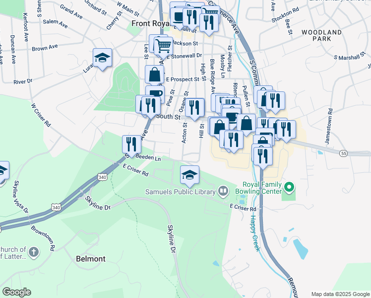 map of restaurants, bars, coffee shops, grocery stores, and more near 460 Acton Street in Front Royal