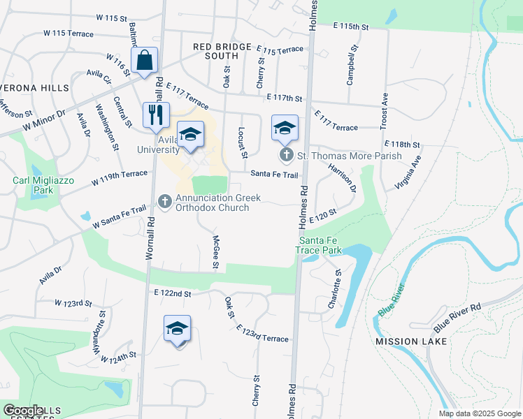 map of restaurants, bars, coffee shops, grocery stores, and more near 505 East 120 Street in Kansas City
