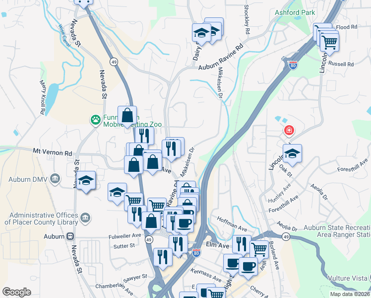 map of restaurants, bars, coffee shops, grocery stores, and more near 753 Mikkelsen Drive in Auburn