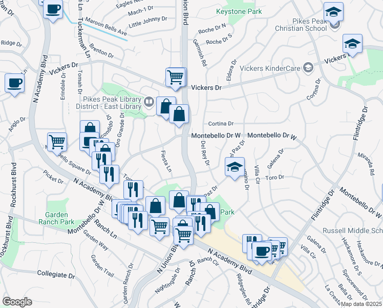 map of restaurants, bars, coffee shops, grocery stores, and more near 5373 North Union Boulevard in Colorado Springs