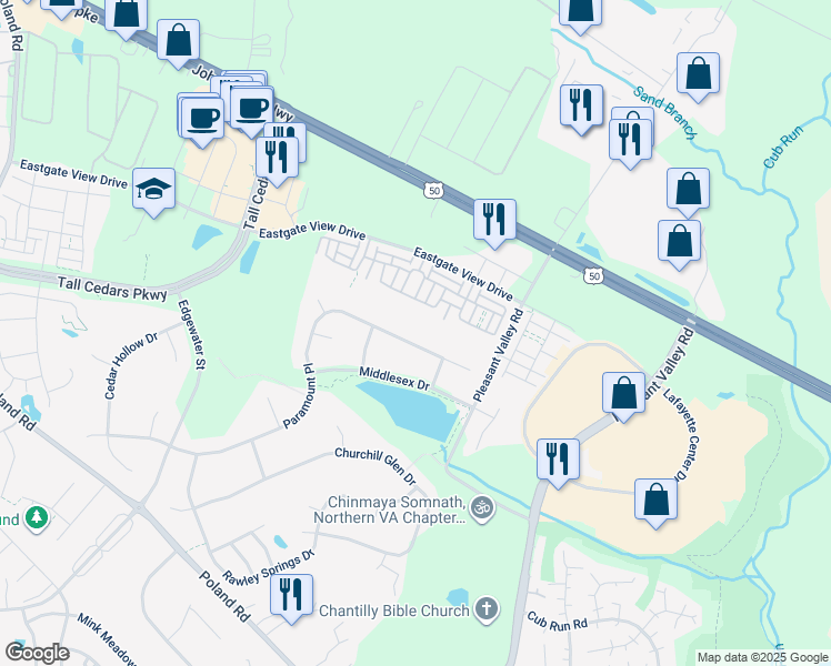 map of restaurants, bars, coffee shops, grocery stores, and more near 43860 Paramount Place in Chantilly