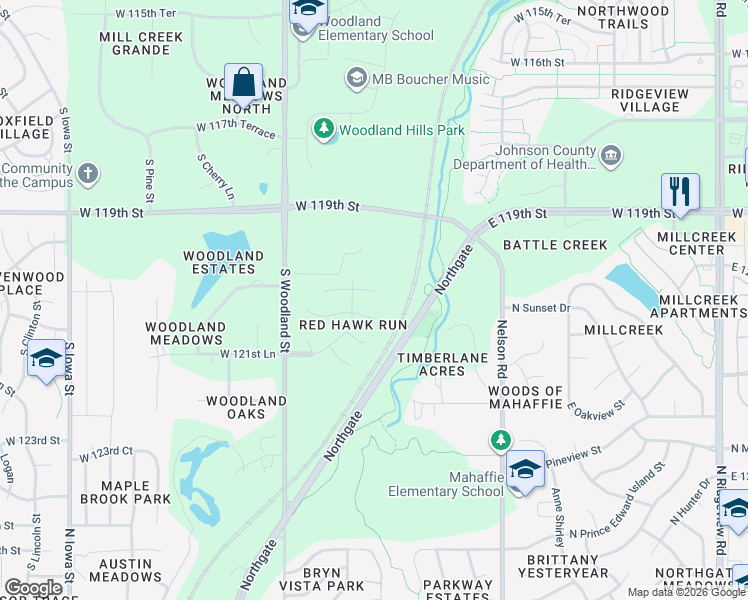 map of restaurants, bars, coffee shops, grocery stores, and more near 19587 West 120th Terrace in Olathe
