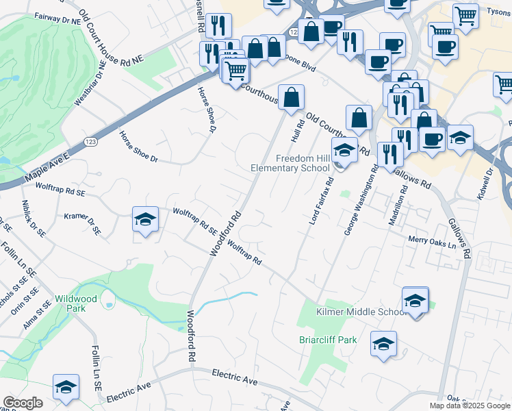 map of restaurants, bars, coffee shops, grocery stores, and more near 8461 Hunt Valley Drive in Vienna