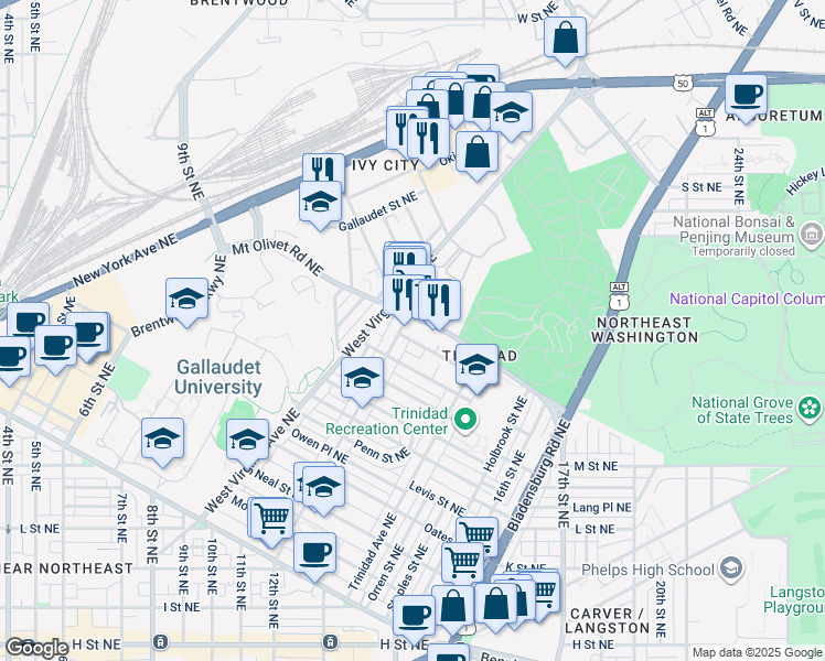 map of restaurants, bars, coffee shops, grocery stores, and more near 101 Independence Avenue Southeast in Washington