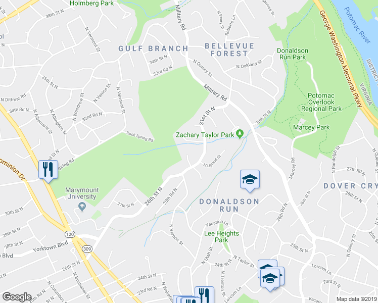map of restaurants, bars, coffee shops, grocery stores, and more near 2623 North Upland Street in Arlington