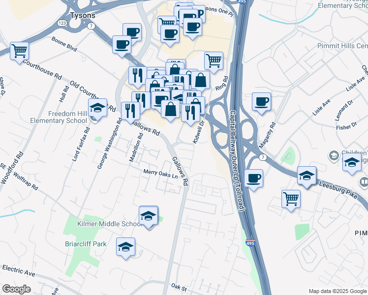 map of restaurants, bars, coffee shops, grocery stores, and more near 8040 Kidwell Town Court in Vienna