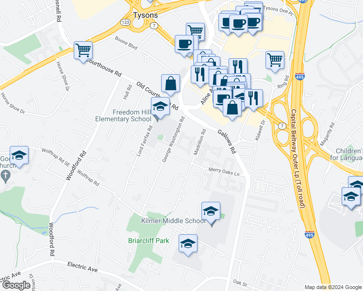 map of restaurants, bars, coffee shops, grocery stores, and more near 8165 Madrillon Court in Vienna