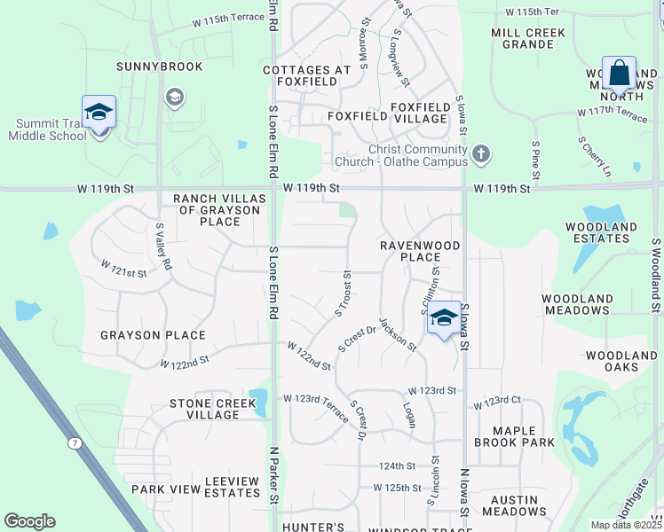 map of restaurants, bars, coffee shops, grocery stores, and more near 21230 West 120th Terrace in Olathe