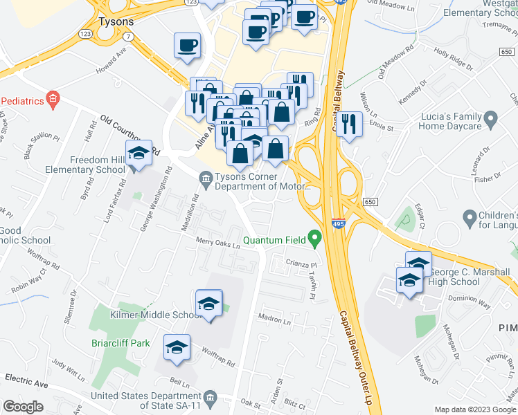 map of restaurants, bars, coffee shops, grocery stores, and more near 8040 Kidwell Town Court in Vienna