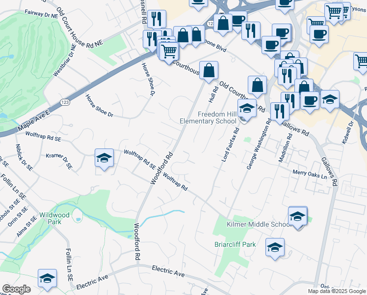map of restaurants, bars, coffee shops, grocery stores, and more near 8461 Hunt Valley Drive in Vienna