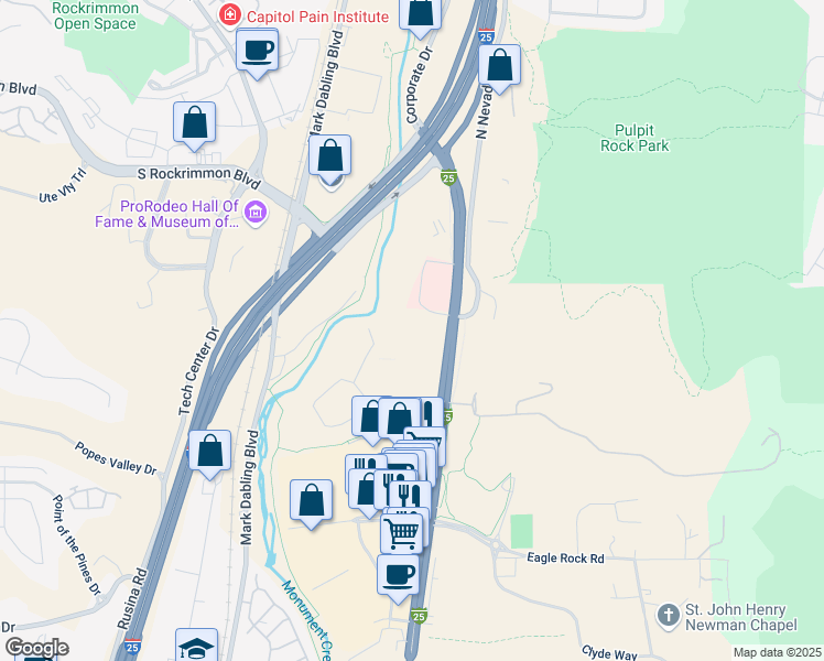 map of restaurants, bars, coffee shops, grocery stores, and more near 5590 North Nevada Avenue in Colorado Springs