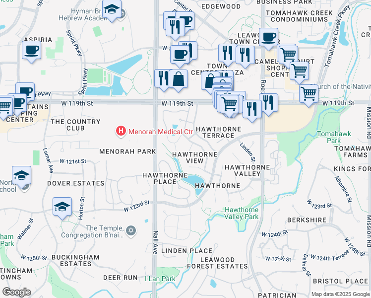 map of restaurants, bars, coffee shops, grocery stores, and more near 5251 West 121st Street in Leawood
