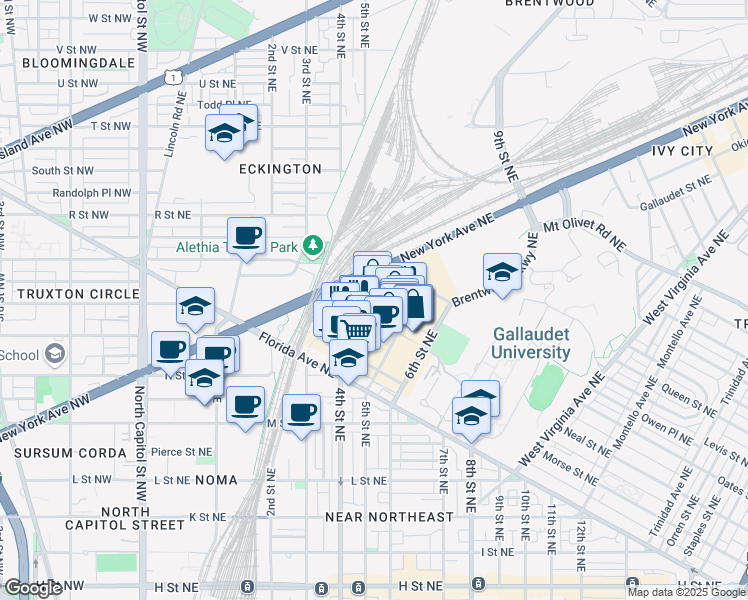 map of restaurants, bars, coffee shops, grocery stores, and more near 1344 4th Street Northeast in Washington