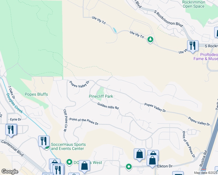 map of restaurants, bars, coffee shops, grocery stores, and more near 5415 Setters Way in Colorado Springs
