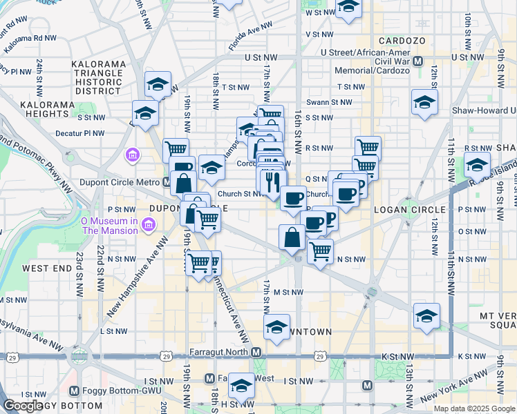 map of restaurants, bars, coffee shops, grocery stores, and more near 1717 P Street Northwest in Washington
