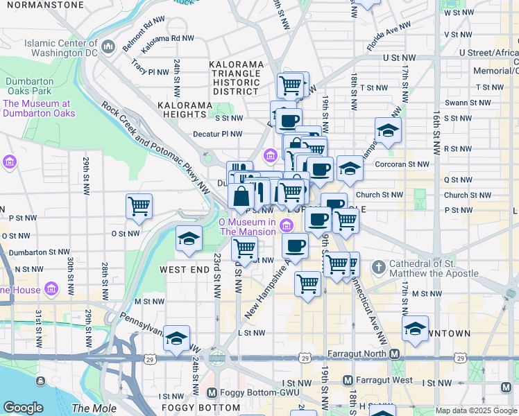 map of restaurants, bars, coffee shops, grocery stores, and more near 2141 P Street Northwest in Washington