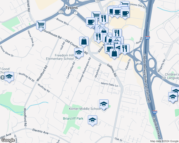 map of restaurants, bars, coffee shops, grocery stores, and more near 8165 Madrillon Court in Vienna