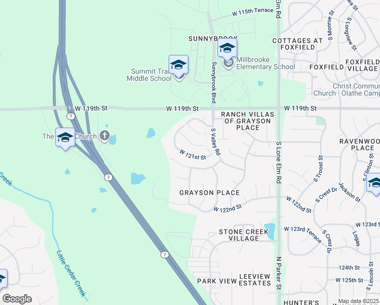 map of restaurants, bars, coffee shops, grocery stores, and more near 22177 West 120th Terrace in Olathe
