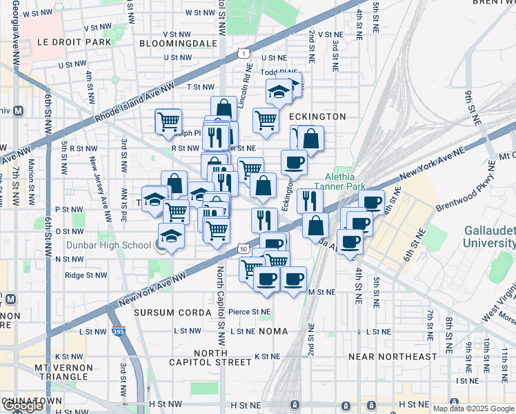 map of restaurants, bars, coffee shops, grocery stores, and more near 2 Florida Avenue Northwest in Washington