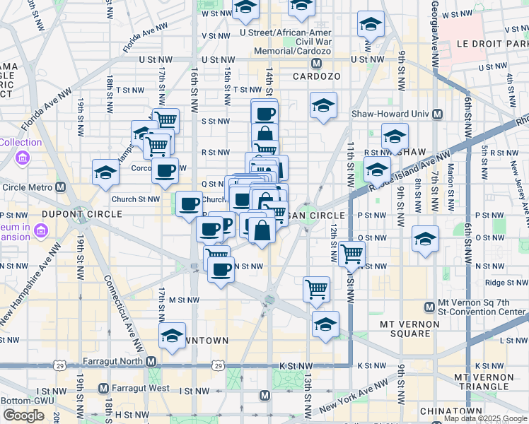 map of restaurants, bars, coffee shops, grocery stores, and more near 1413 P Street Northwest in Washington