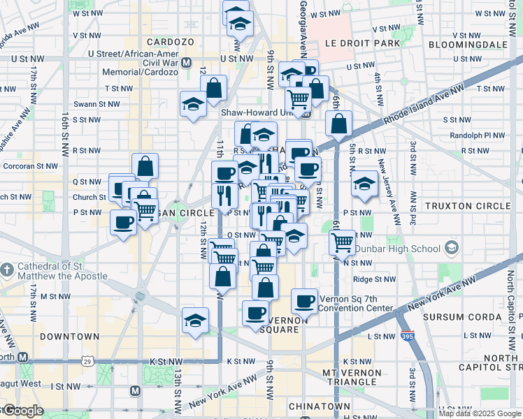 map of restaurants, bars, coffee shops, grocery stores, and more near 913 P Street Northwest in Washington