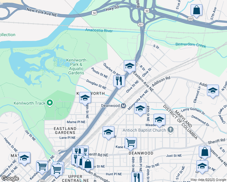 map of restaurants, bars, coffee shops, grocery stores, and more near Kenilworth Avenue Northeast & Douglas Street Northeast in Washington
