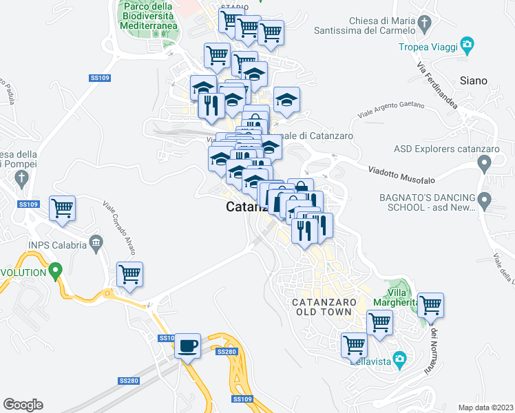 map of restaurants, bars, coffee shops, grocery stores, and more near in Catanzaro