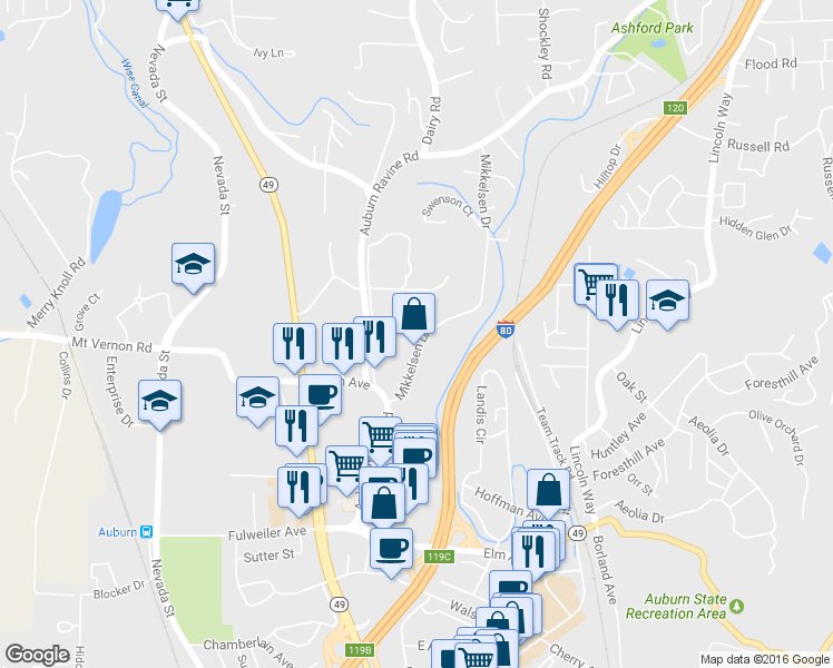 map of restaurants, bars, coffee shops, grocery stores, and more near 753 Mikkelsen Drive in Auburn