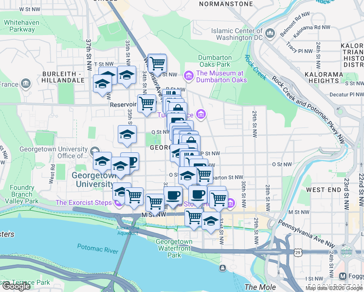 map of restaurants, bars, coffee shops, grocery stores, and more near Wisconsin Avenue Northwest & Volta Place Northwest in Washington