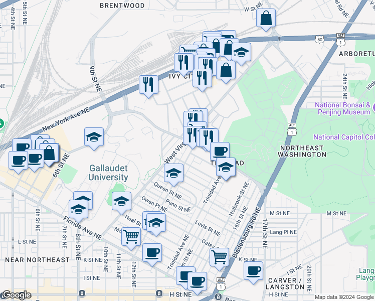 map of restaurants, bars, coffee shops, grocery stores, and more near 101 Independence Avenue Southeast in Washington