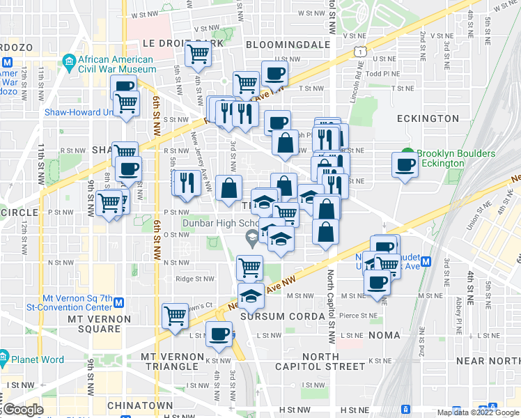 map of restaurants, bars, coffee shops, grocery stores, and more near 101 Independence Avenue Southeast in Washington