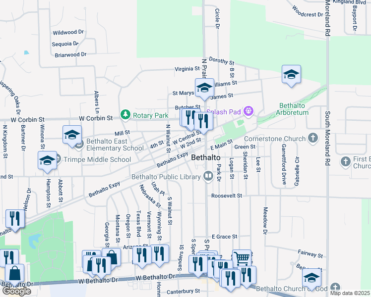 map of restaurants, bars, coffee shops, grocery stores, and more near 202 West Main Street in Bethalto
