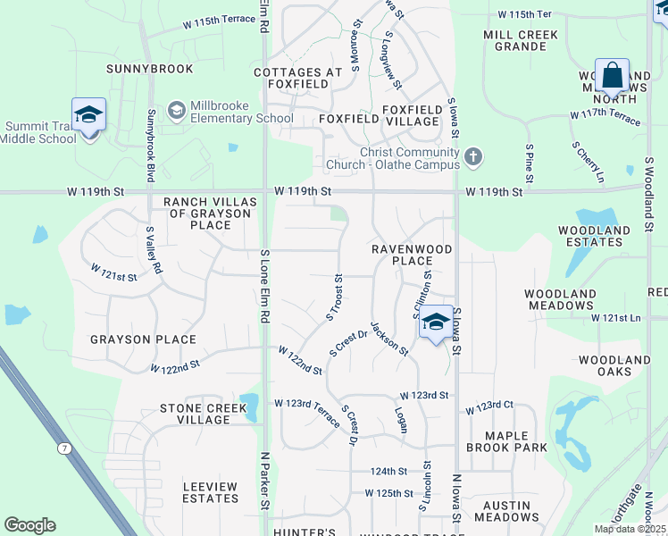 map of restaurants, bars, coffee shops, grocery stores, and more near 21227 West 120th Street in Olathe