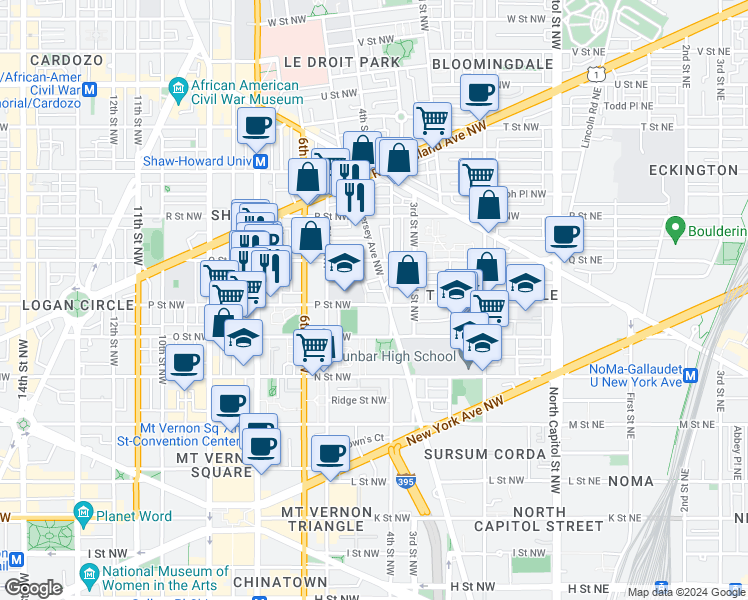 map of restaurants, bars, coffee shops, grocery stores, and more near 405 P Street Northwest in Washington