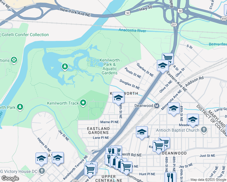 map of restaurants, bars, coffee shops, grocery stores, and more near 4318 Polk Street Northeast in Washington
