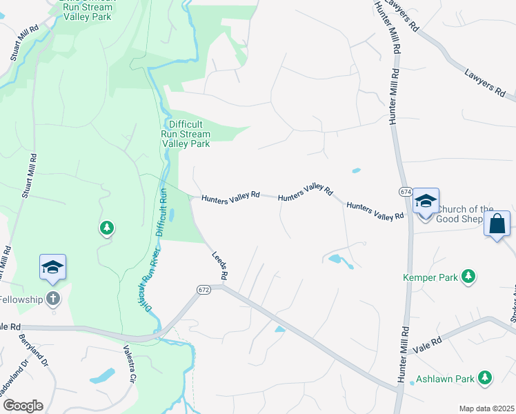 map of restaurants, bars, coffee shops, grocery stores, and more near 10613 Hunters Valley Road in Vienna