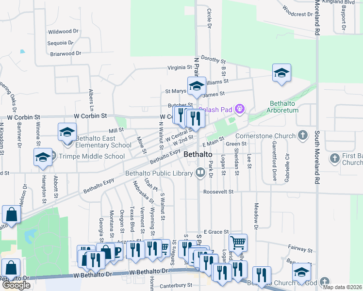 map of restaurants, bars, coffee shops, grocery stores, and more near 202 West Main Street in Bethalto