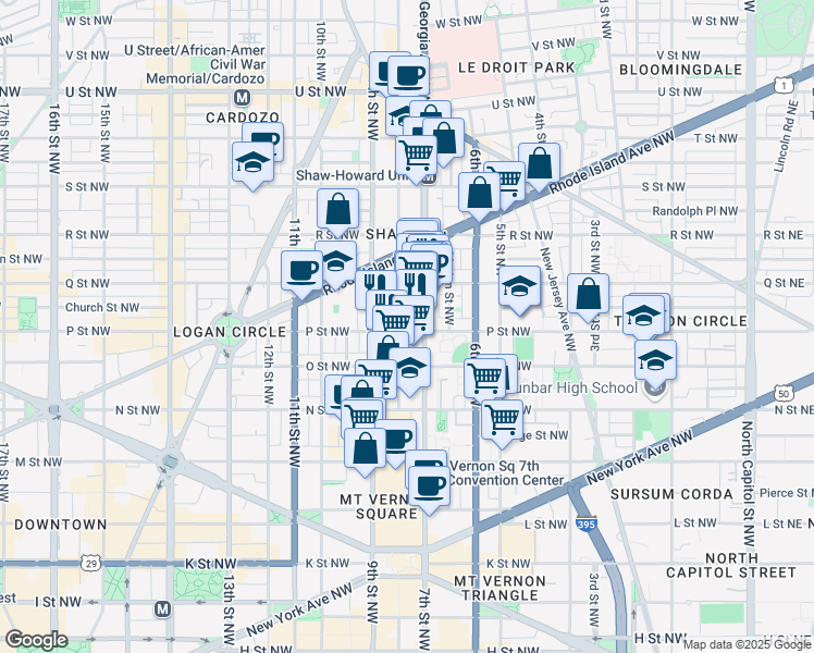 map of restaurants, bars, coffee shops, grocery stores, and more near 751 P Street Northwest in Washington
