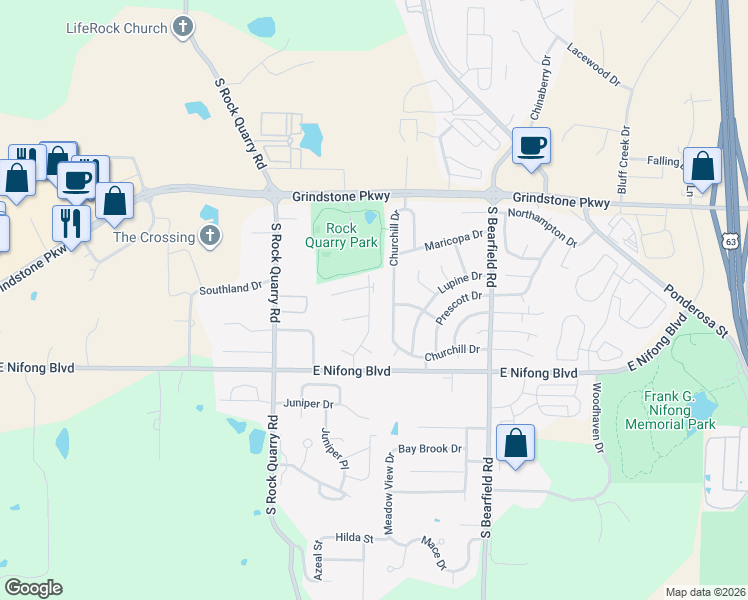map of restaurants, bars, coffee shops, grocery stores, and more near 3604 Churchill Drive in Columbia