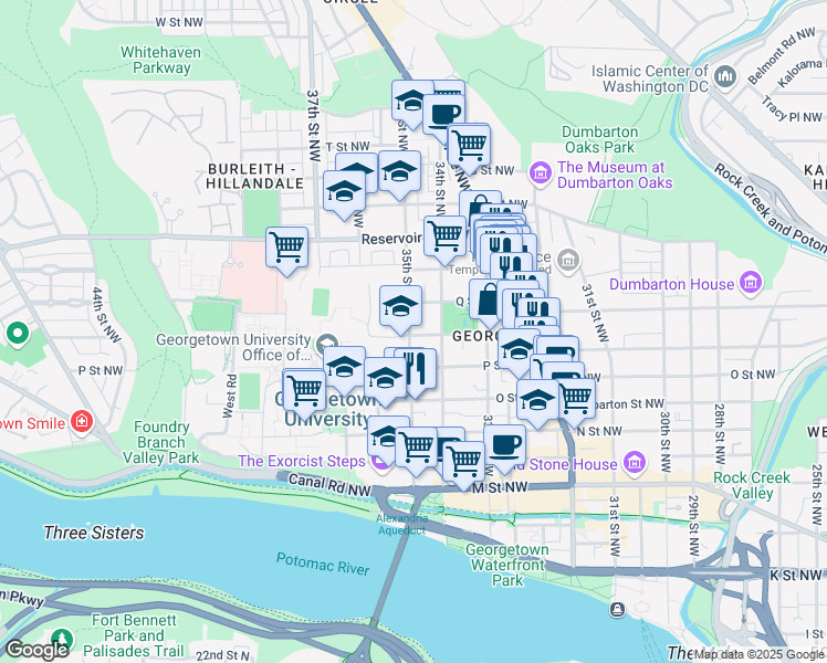 map of restaurants, bars, coffee shops, grocery stores, and more near 3414 Volta Place Northwest in Washington