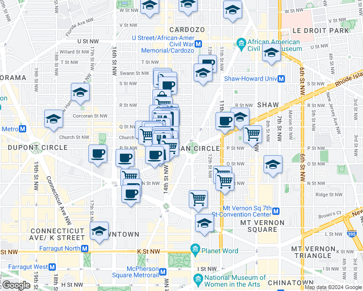 map of restaurants, bars, coffee shops, grocery stores, and more near 4 Logan Circle Northwest in Washington