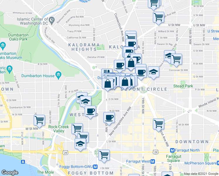 map of restaurants, bars, coffee shops, grocery stores, and more near 2153 P Street Northwest in Washington